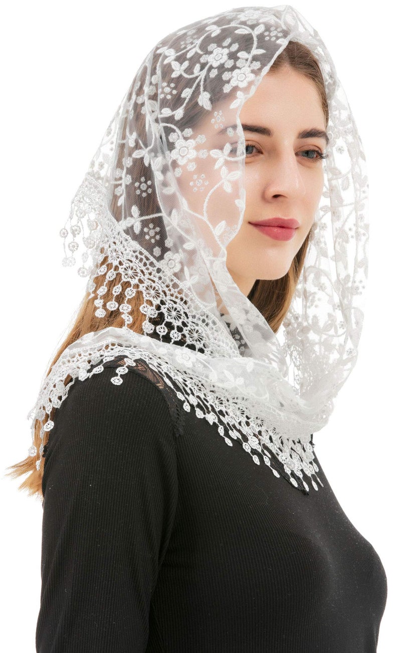 PAMOR Triangle Lace Veil Mantilla Cathedral Head Covering Chapel Veil for Mass Wedding Bridesmaids (White) - Image 3